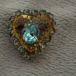 Elegant VTG Czecho  Gold Tone and Blue Aquamarine Heart-Shaped Brooch